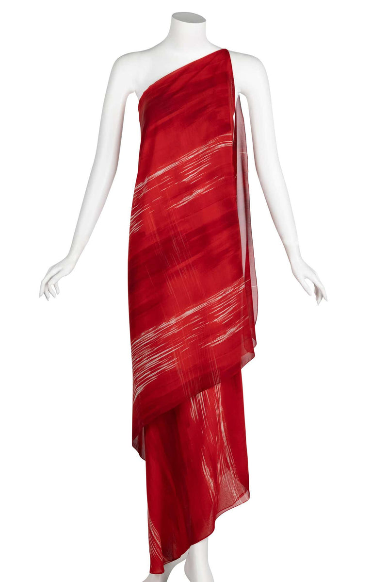 Vintage Halston Red Print Silk One Shoulder Draped Dress, 1970s