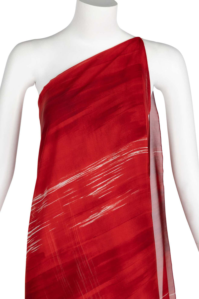 Vintage Halston Red Print Silk One Shoulder Draped Dress, 1970s