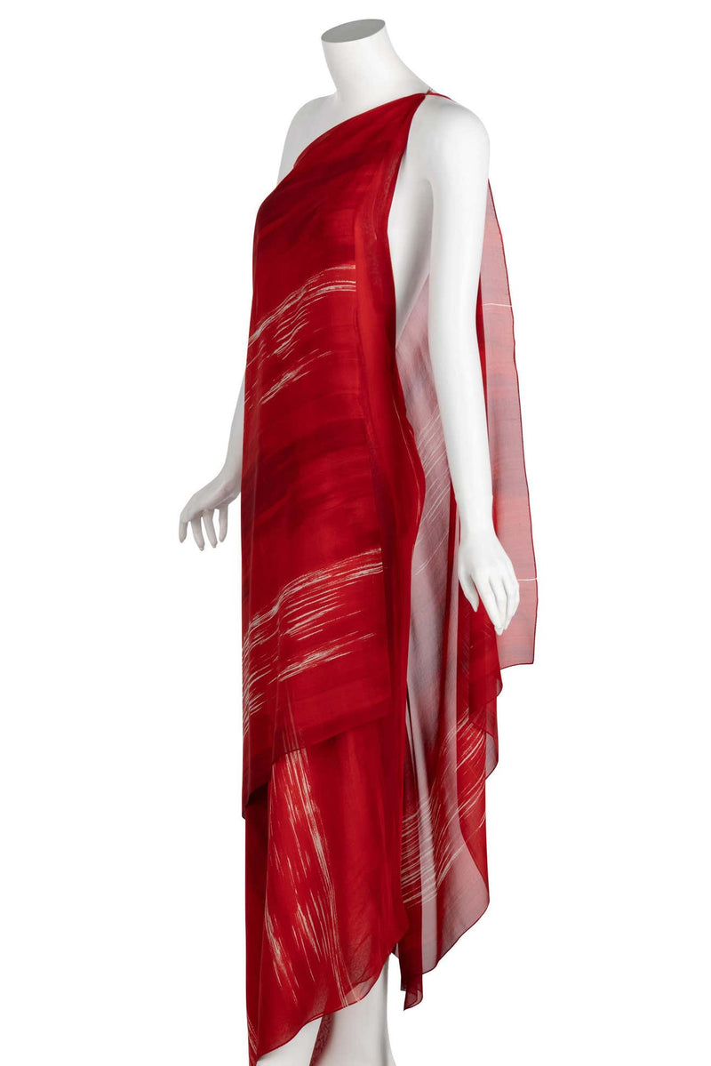 Vintage Halston Red Print Silk One Shoulder Draped Dress, 1970s