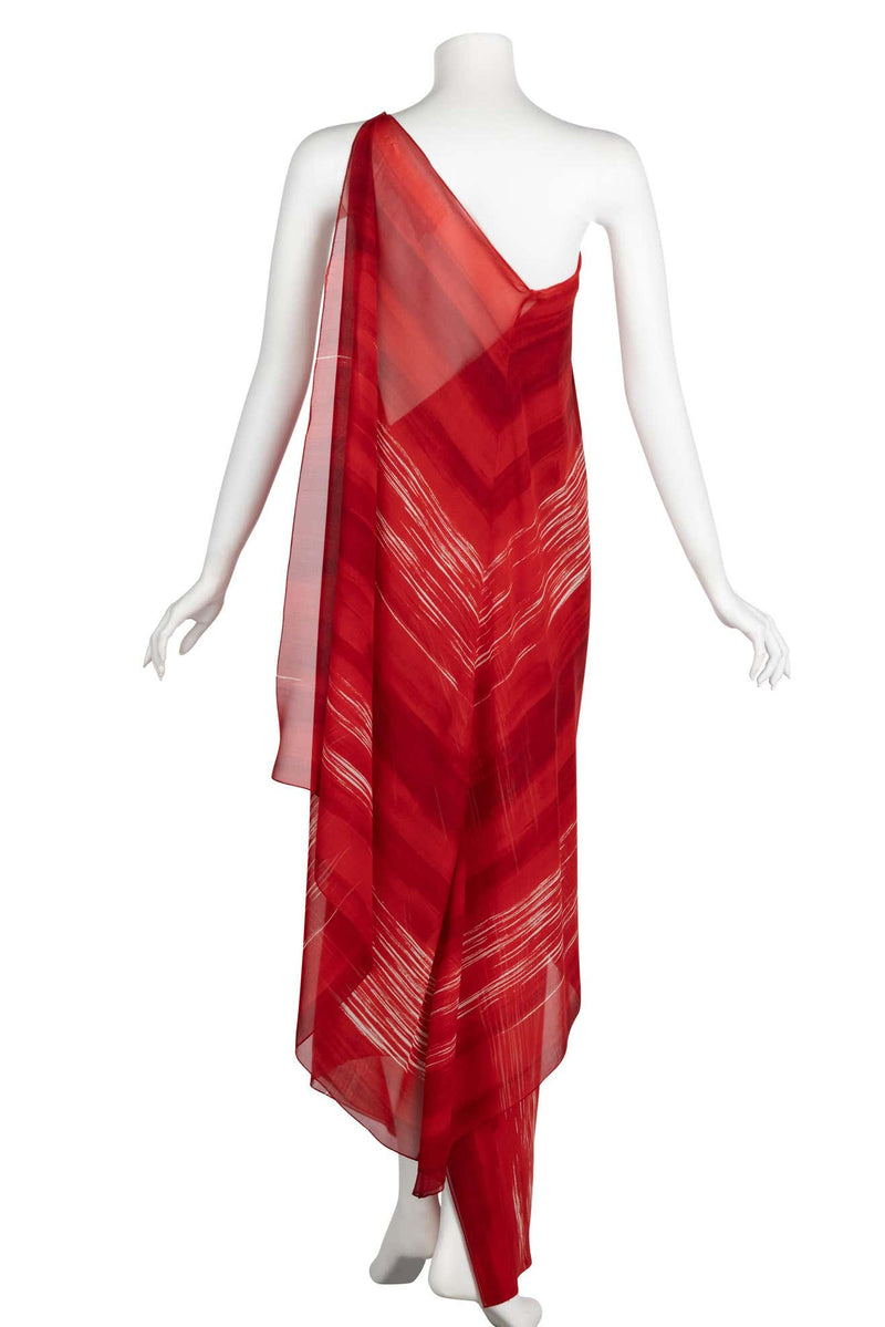 Vintage Halston Red Print Silk One Shoulder Draped Dress, 1970s