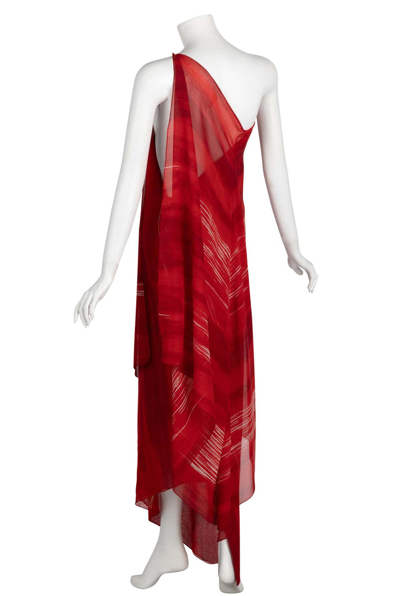Vintage Halston Red Print Silk One Shoulder Draped Dress, 1970s