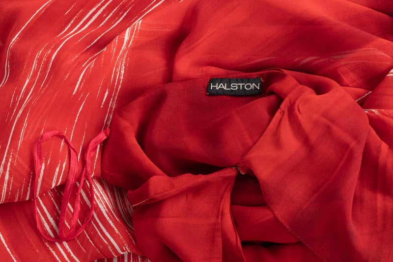 Vintage Halston Red Print Silk One Shoulder Draped Dress, 1970s