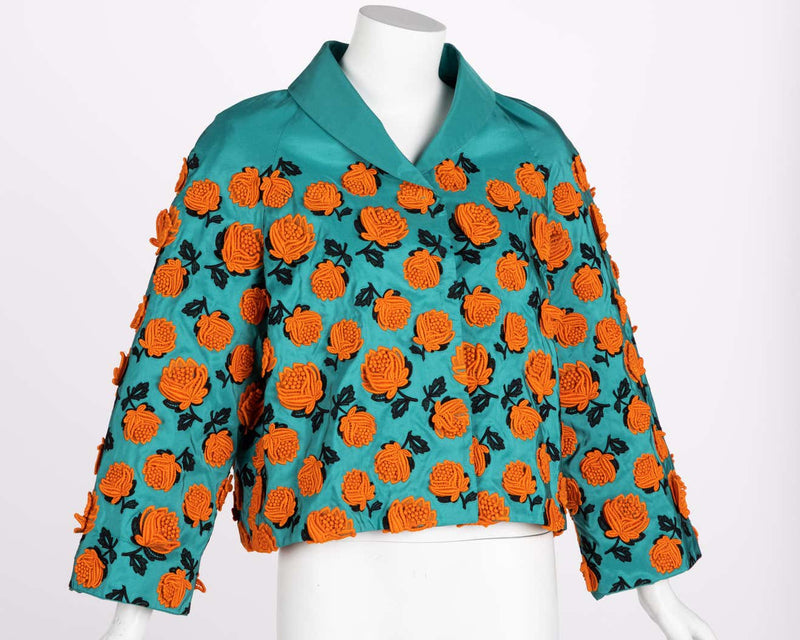 ジャケット PRADA FLORAL JACQUARD JACKET Prada Turquoise Silk Taffeta Floral Applique Jacket, Spring