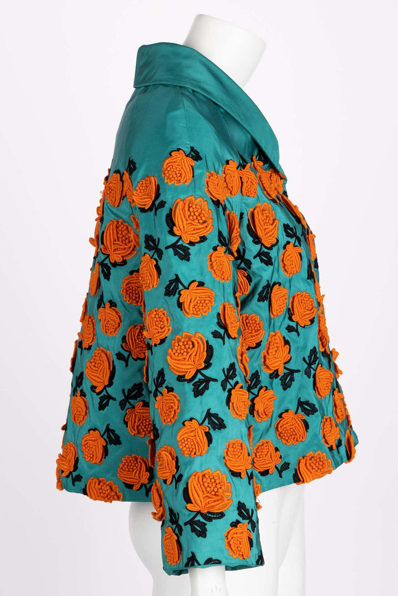 Prada Turquoise Silk Taffeta Floral Applique Jacket Spring 2012 Basha Gold
