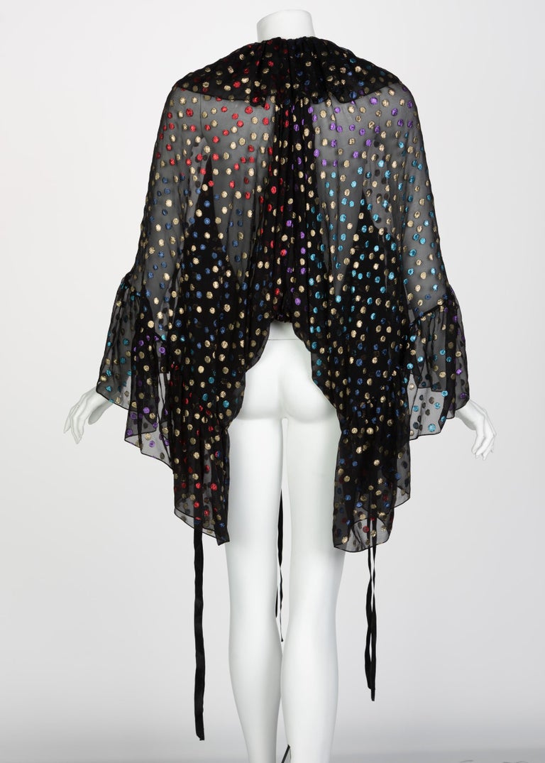 Saint Laurent Black Silk Metallic Dot Ruffle Cape Blouse Top Runway 2018