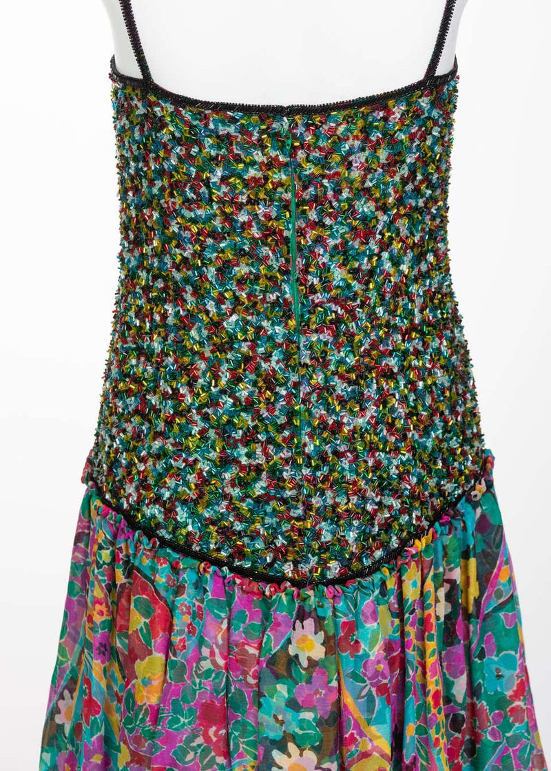 James Galanos Couture Beaded Floral Silk Mini Dress with Hooded Opera Coat, 1970
