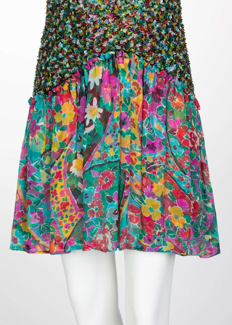 James Galanos Couture Beaded Floral Silk Mini Dress with Hooded Opera Coat, 1970