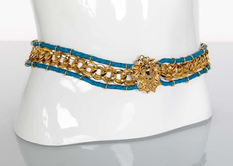 Bottega Veneta Gold Chain Turquoise Leather Lion Head Belt, 1990s