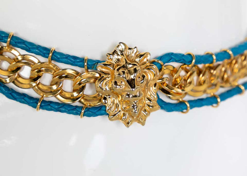 Bottega Veneta Gold Chain Turquoise Leather Lion Head Belt, 1990s