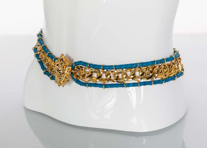 Bottega Veneta Gold Chain Turquoise Leather Lion Head Belt, 1990s