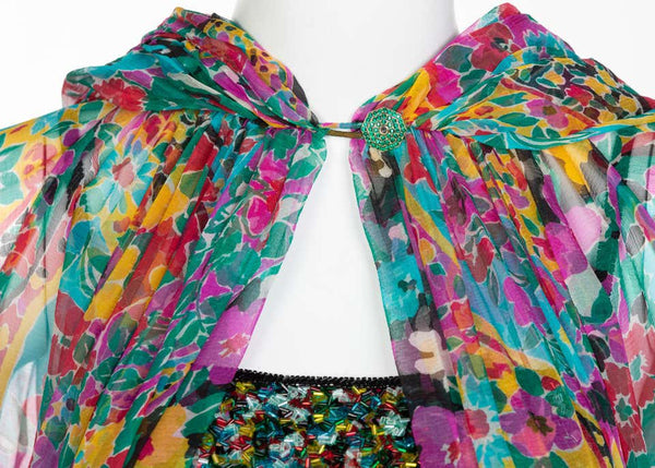 James Galanos Couture Beaded Floral Silk Mini Dress with Hooded Opera Coat, 1970