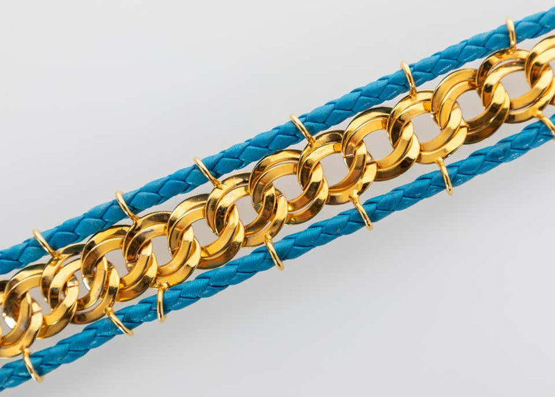Bottega Veneta Gold Chain Turquoise Leather Lion Head Belt, 1990s