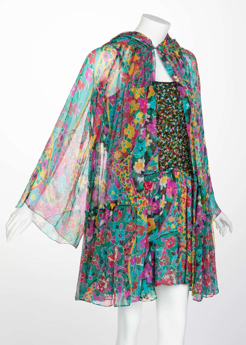 James Galanos Couture Beaded Floral Silk Mini Dress with Hooded Opera Coat, 1970