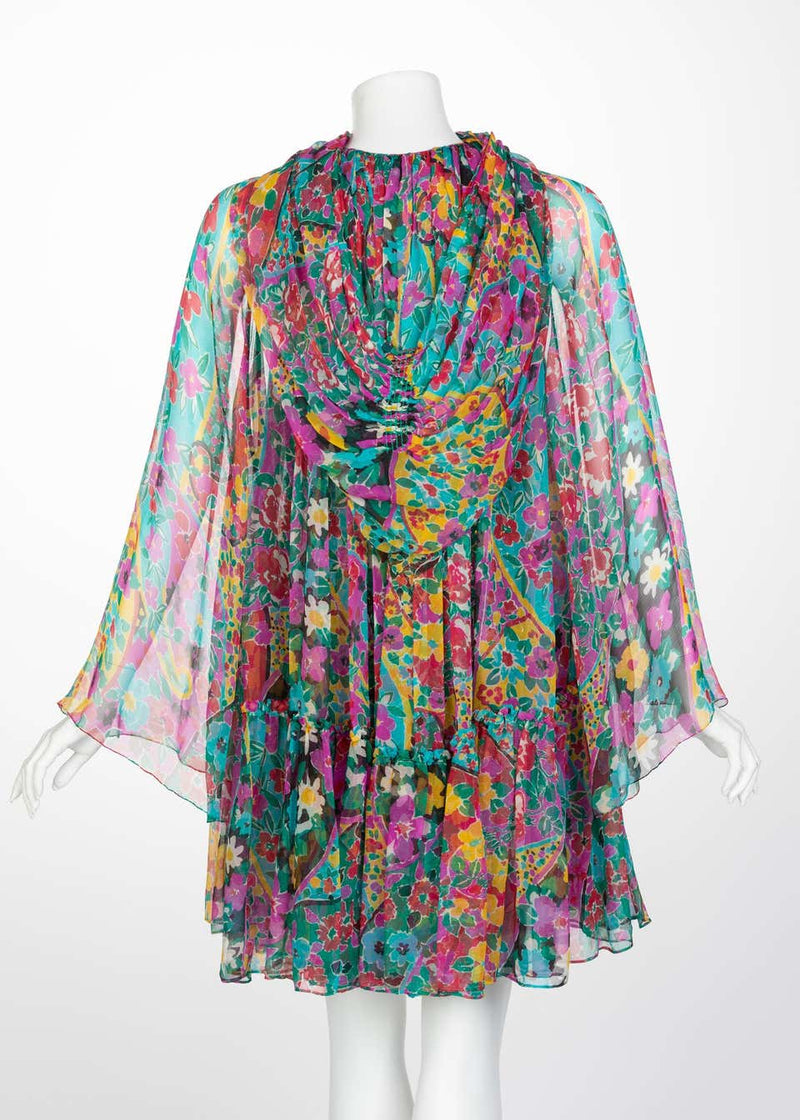 James Galanos Couture Beaded Floral Silk Mini Dress with Hooded Opera Coat, 1970