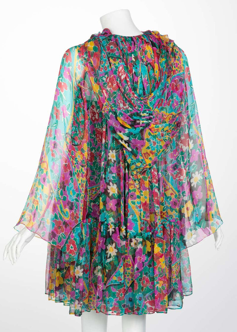 James Galanos Couture Beaded Floral Silk Mini Dress with Hooded Opera Coat, 1970