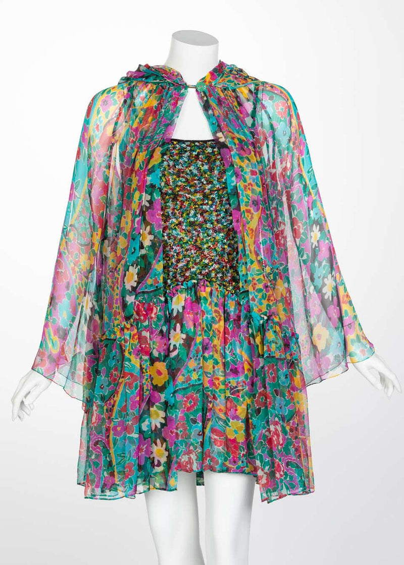James Galanos Couture Beaded Floral Silk Mini Dress with Hooded Opera Coat, 1970