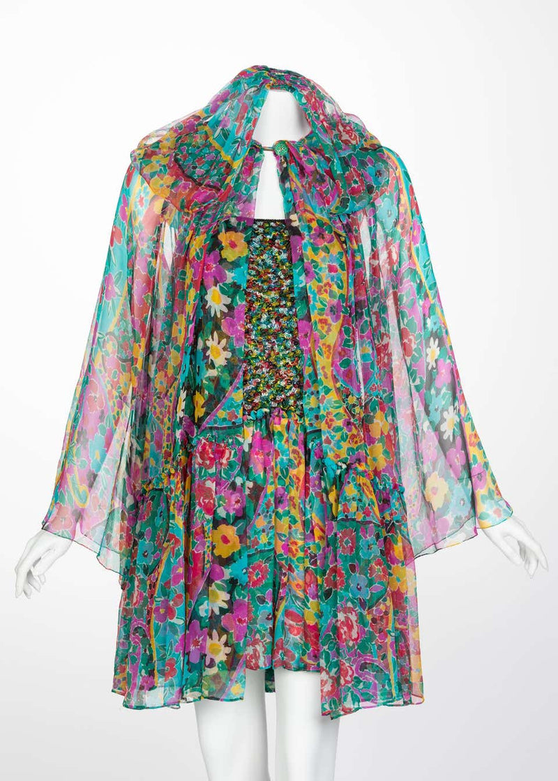 James Galanos Couture Beaded Floral Silk Mini Dress with Hooded Opera Coat, 1970