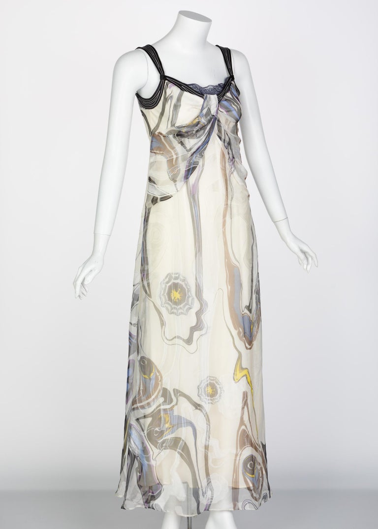 Nina Ricci Sleeveless Swirl Print Silk Maxi Dress