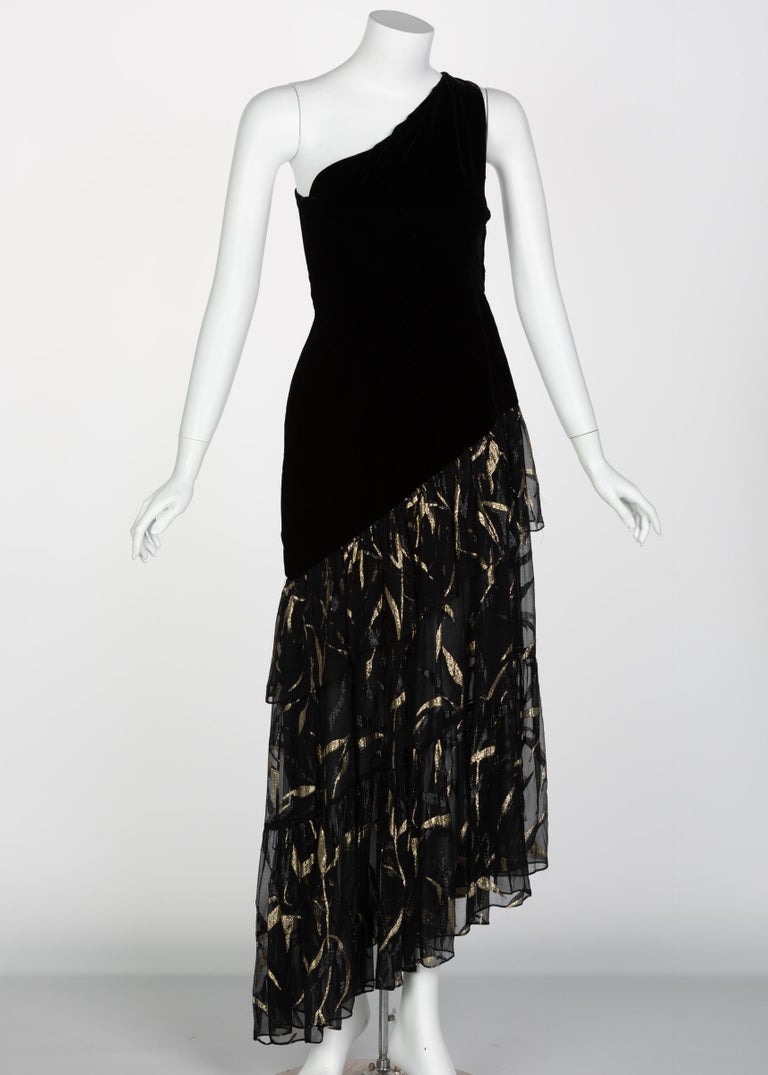 Documented Saint Laurent YSL One Shoulder Black Velvet Metallic Layered Dress, 1980s