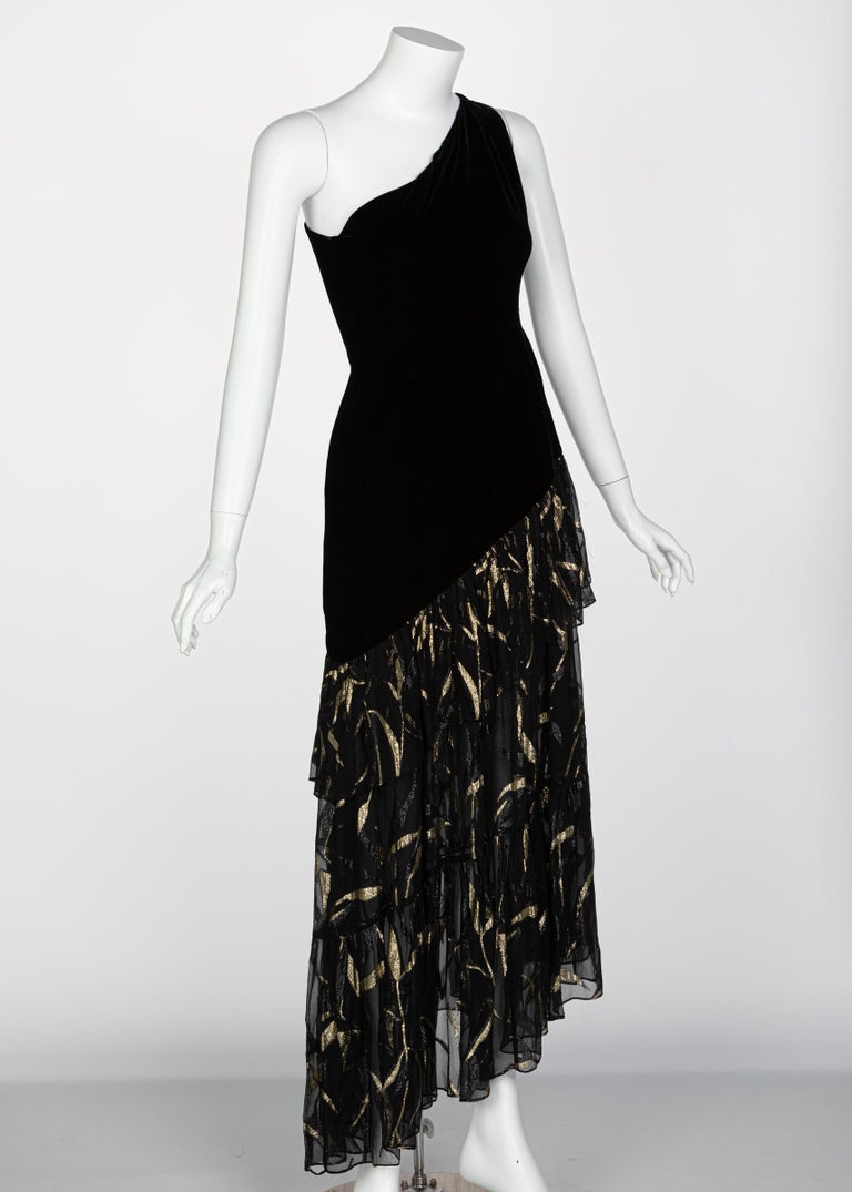 Documented Saint Laurent YSL One Shoulder Black Velvet Metallic Layered Dress, 1980s