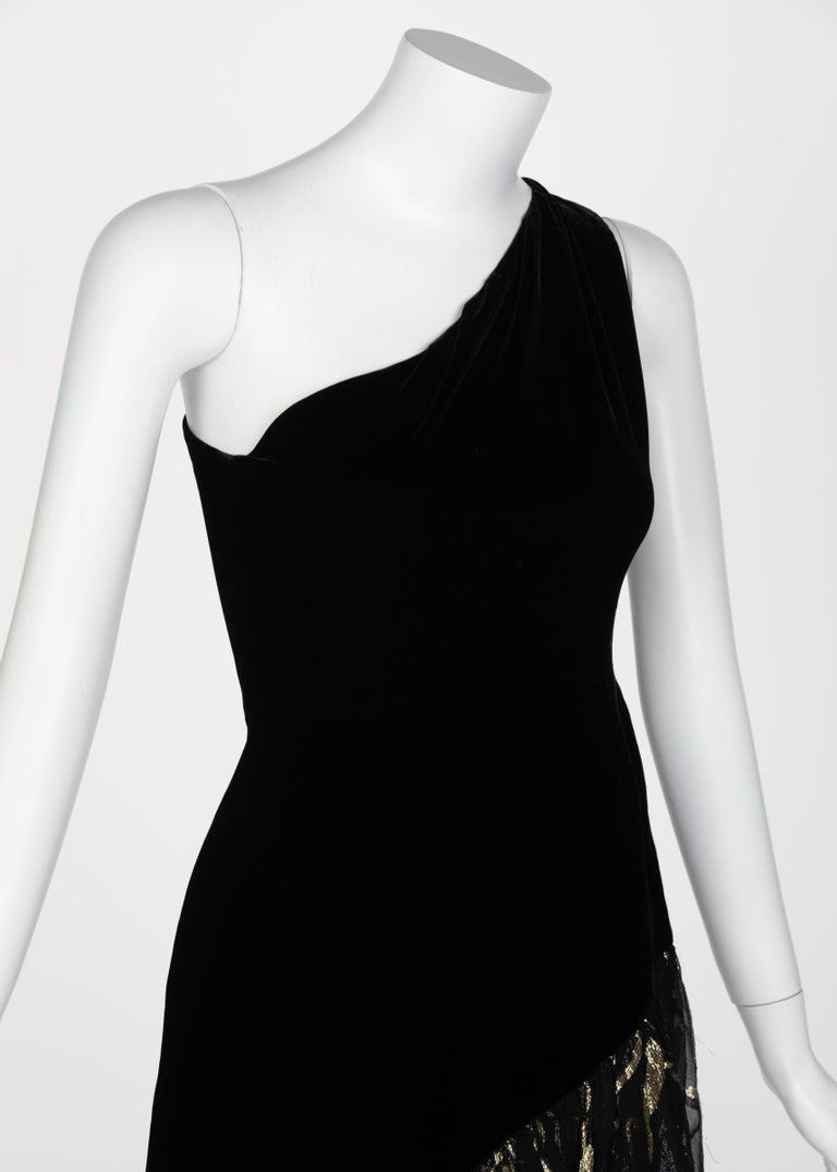 Documented Saint Laurent YSL One Shoulder Black Velvet Metallic Layered Dress, 1980s