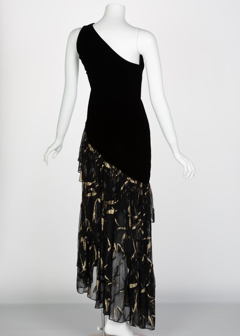 Documented Saint Laurent YSL One Shoulder Black Velvet Metallic Layered Dress, 1980s