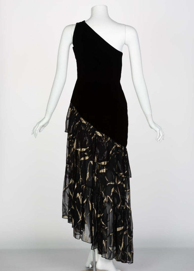 Documented Saint Laurent YSL One Shoulder Black Velvet Metallic Layered Dress, 1980s