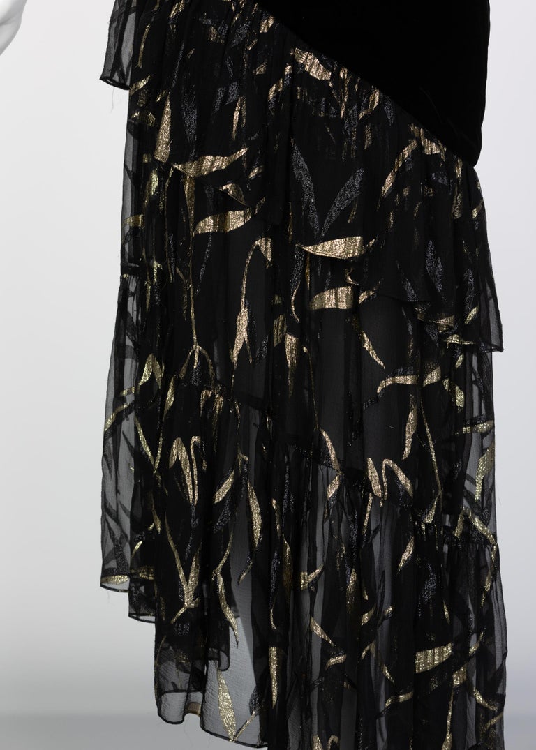 Documented Saint Laurent YSL One Shoulder Black Velvet Metallic Layered Dress, 1980s