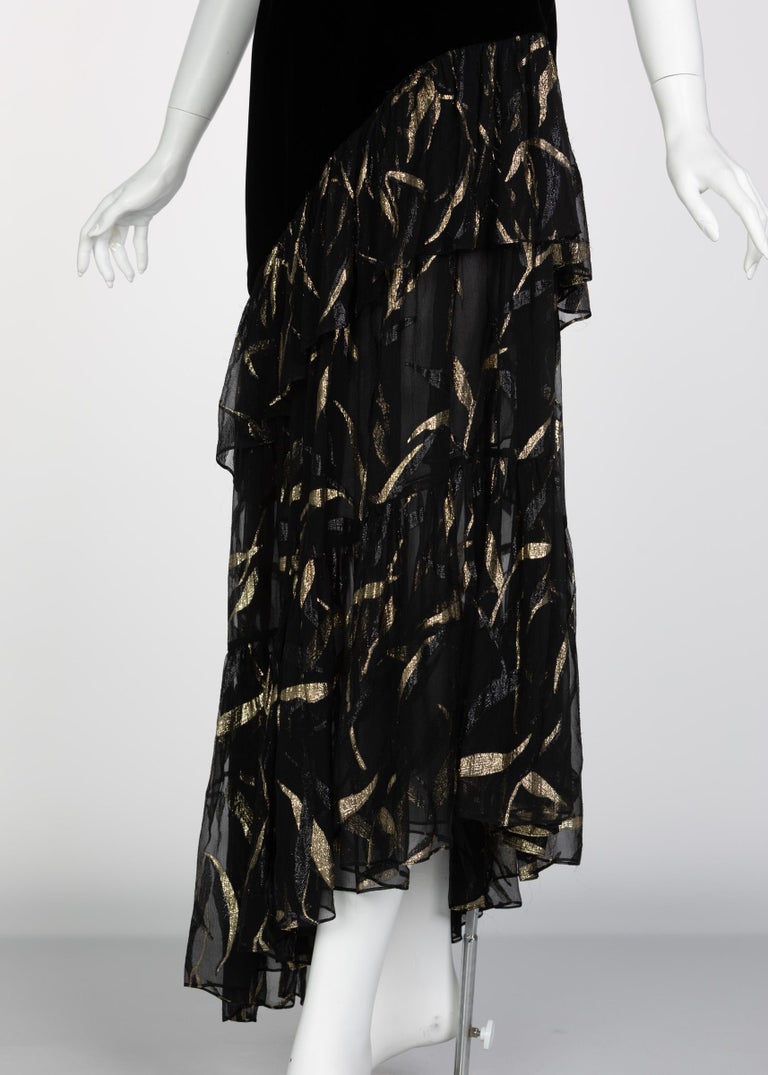 Documented Saint Laurent YSL One Shoulder Black Velvet Metallic Layered Dress, 1980s