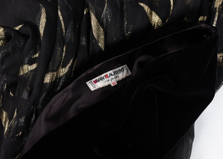 Documented Saint Laurent YSL One Shoulder Black Velvet Metallic Layered Dress, 1980s