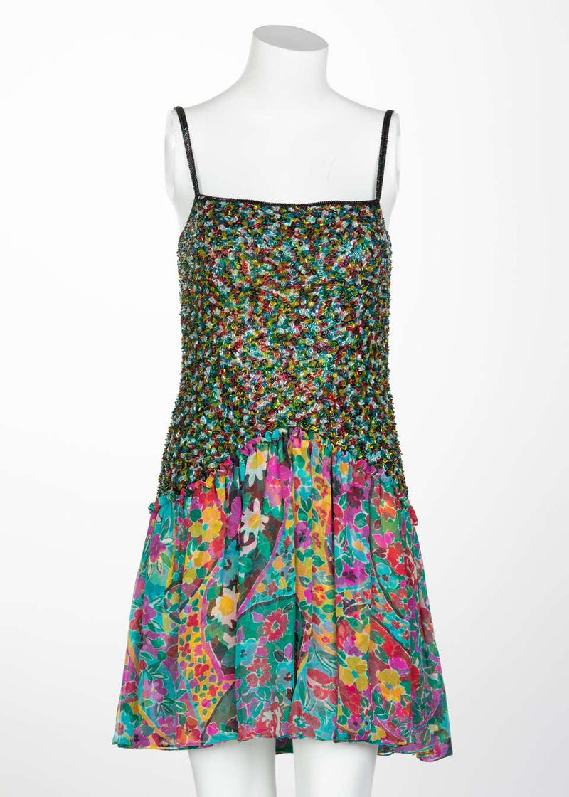 James Galanos Couture Beaded Floral Silk Mini Dress with Hooded Opera Coat, 1970