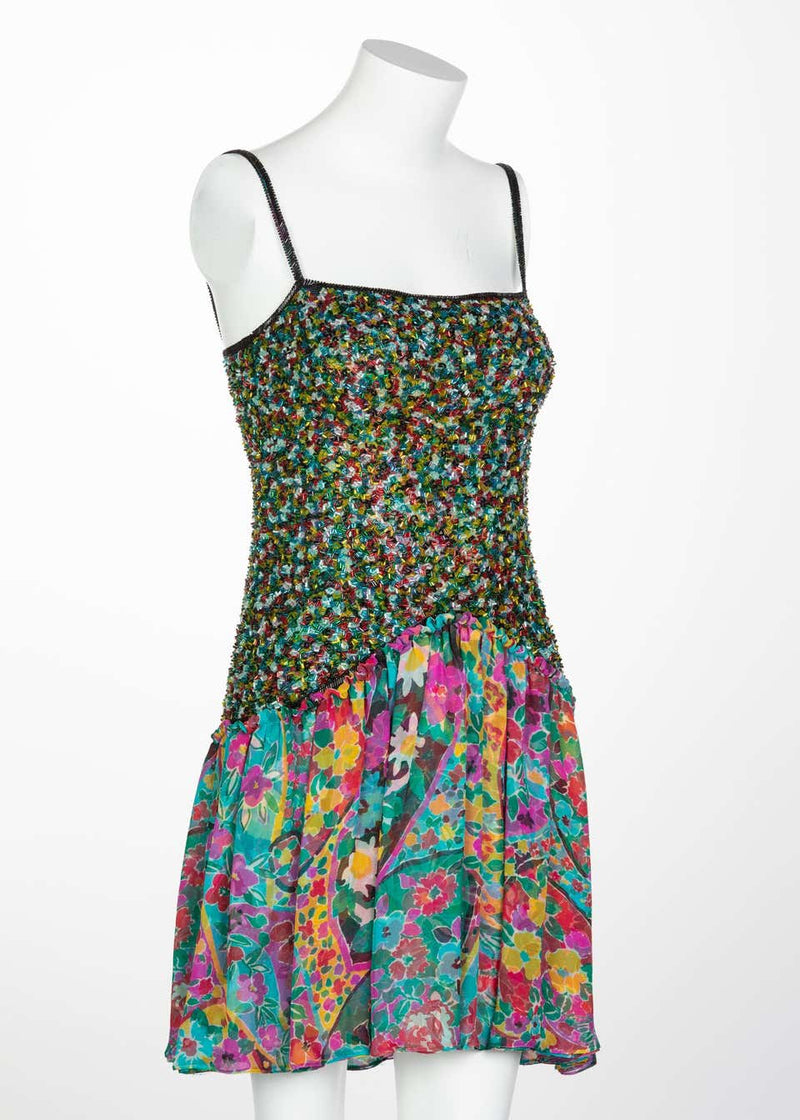 James Galanos Couture Beaded Floral Silk Mini Dress with Hooded Opera Coat, 1970