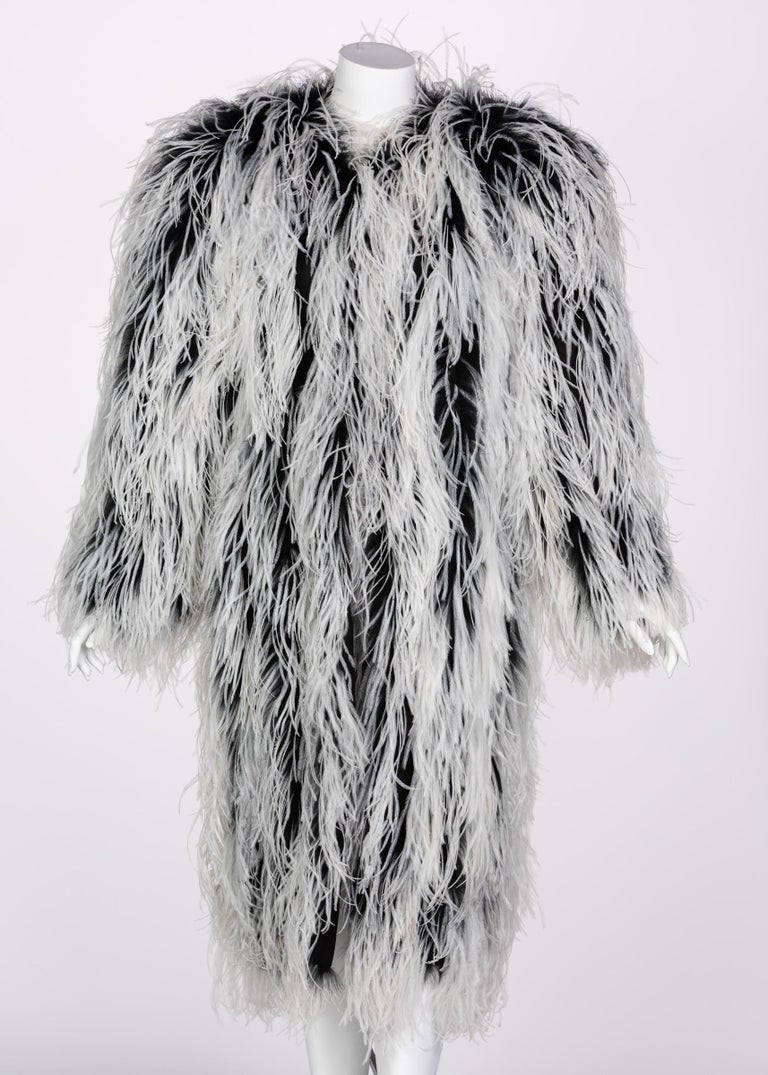 Yves Saint Laurent White Black Ostrich Feather Coat YSL Rare Documented 1960s