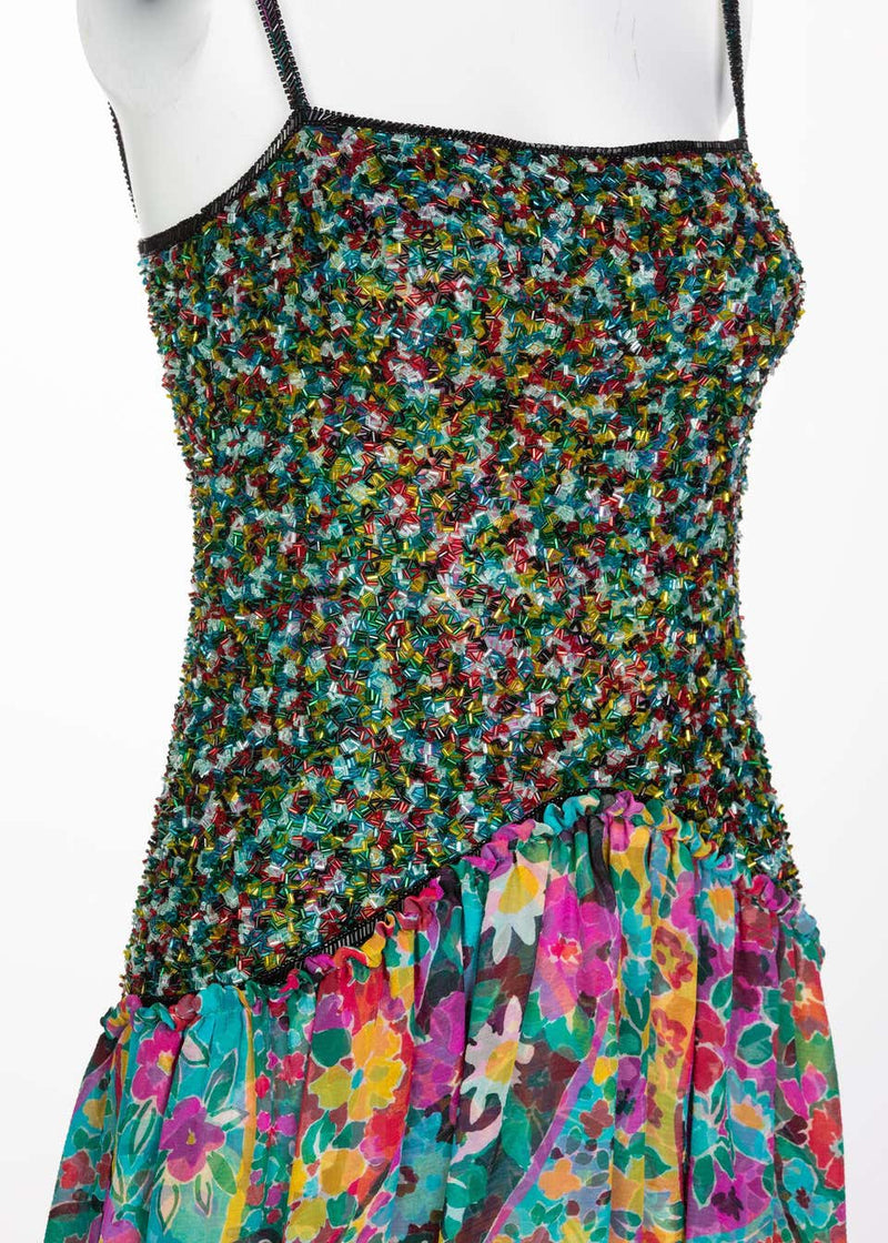 James Galanos Couture Beaded Floral Silk Mini Dress with Hooded Opera Coat, 1970