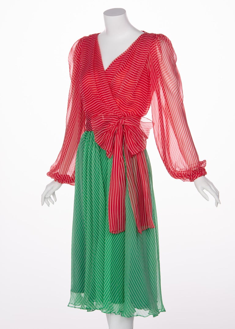 Yves Saint Laurent YSL Haute Couture Red / Green Stripe Silk Chiffon Dress, 1991