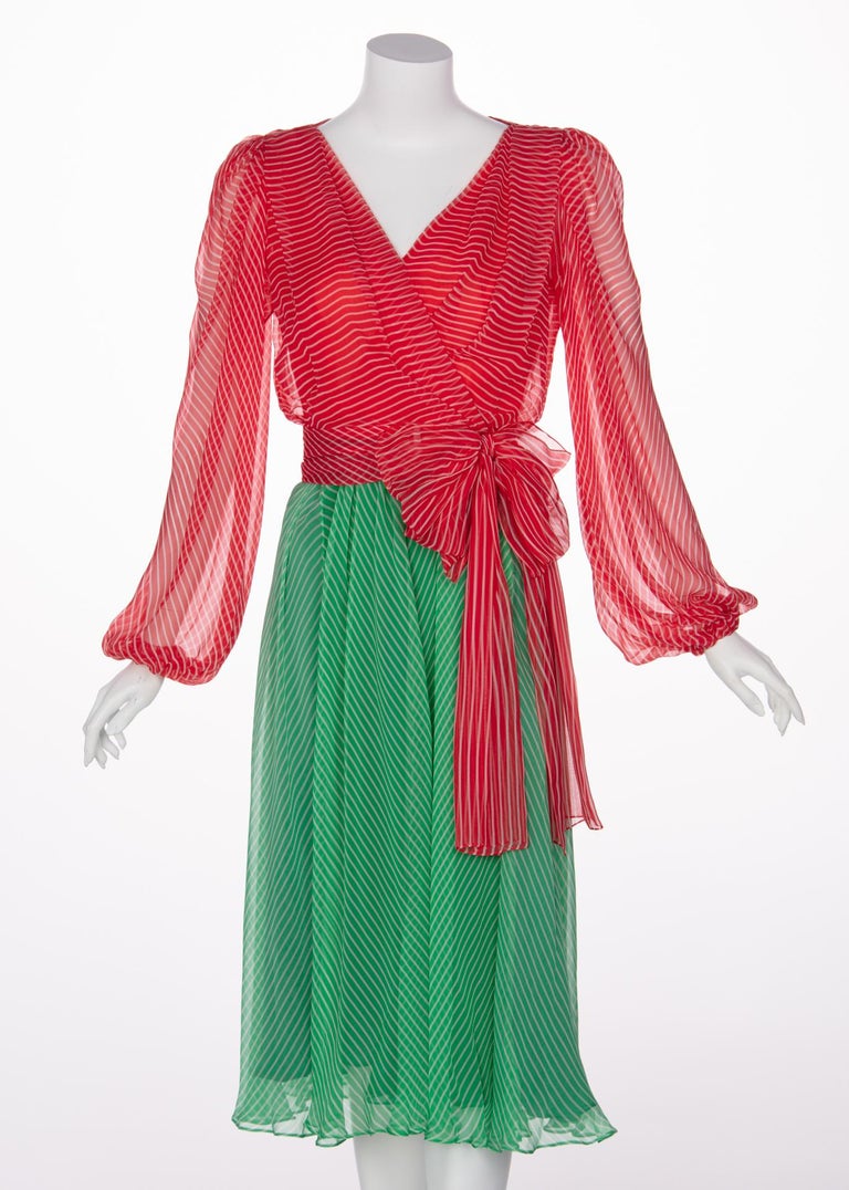 Yves Saint Laurent YSL Haute Couture Red Green Stripe Silk Chiffon D Basha Gold