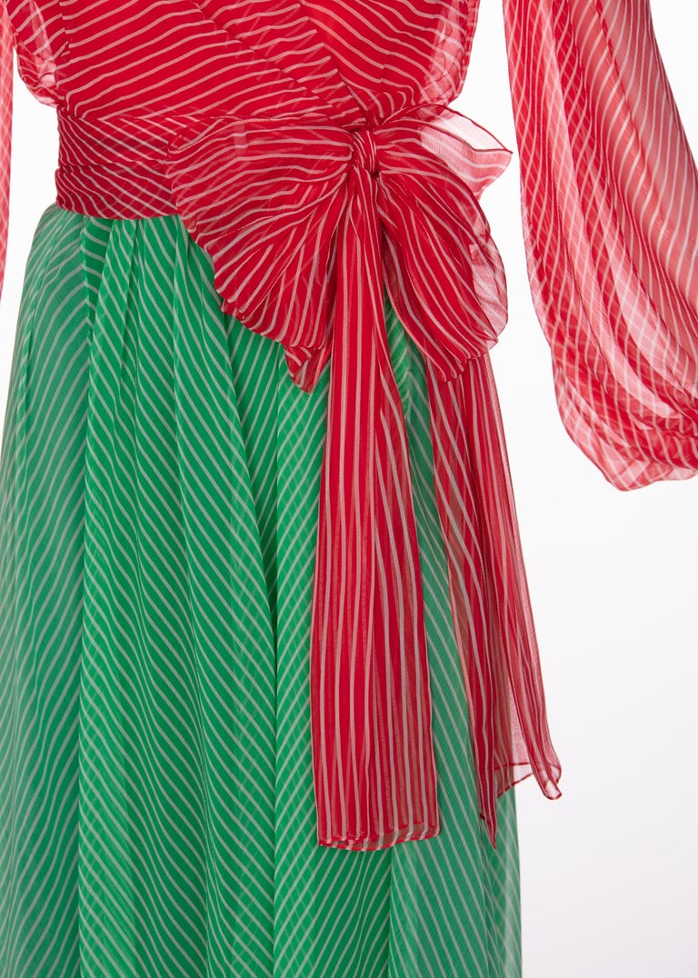 Yves Saint Laurent YSL Haute Couture Red / Green Stripe Silk Chiffon Dress, 1991