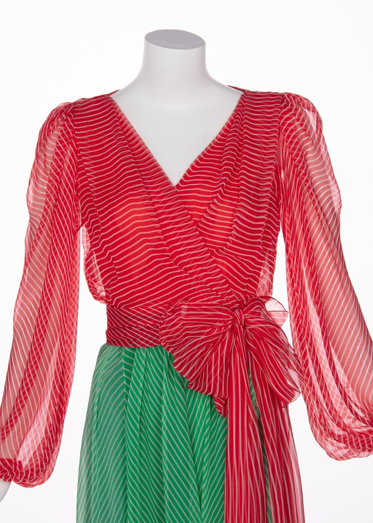 Yves Saint Laurent YSL Haute Couture Red / Green Stripe Silk Chiffon Dress, 1991