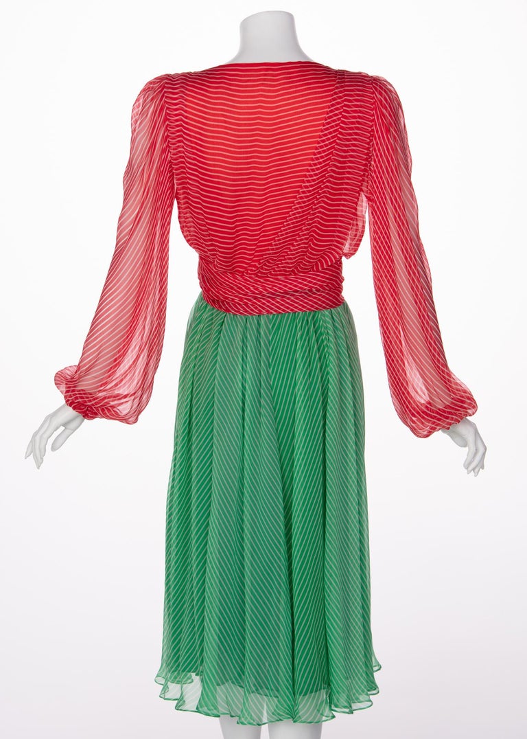 Yves Saint Laurent YSL Haute Couture Red / Green Stripe Silk Chiffon Dress, 1991