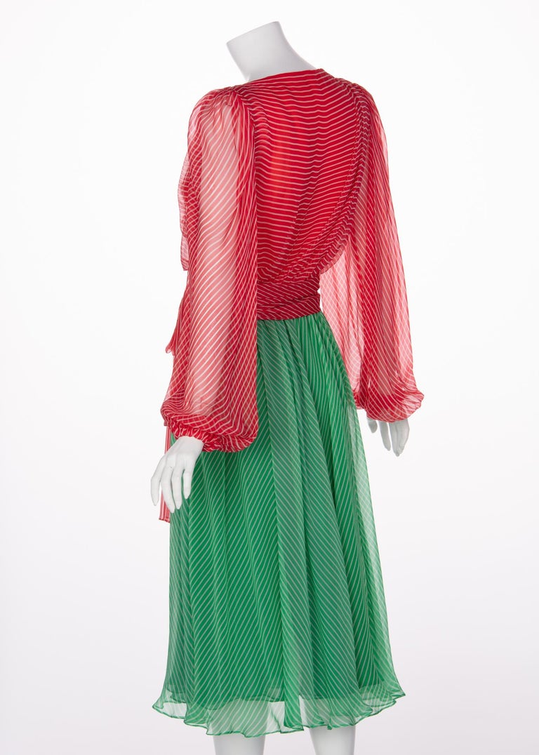 Yves Saint Laurent YSL Haute Couture Red / Green Stripe Silk Chiffon Dress, 1991