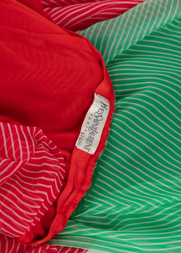 Yves Saint Laurent YSL Haute Couture Red / Green Stripe Silk Chiffon Dress, 1991
