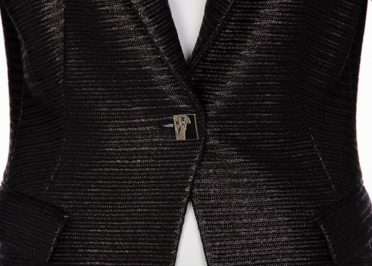 Versace Collection Black Textured Silver Medusa Button Blazer Jacket