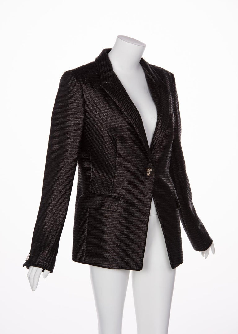 Versace Collection Black Textured Silver Medusa Button Blazer Jacket