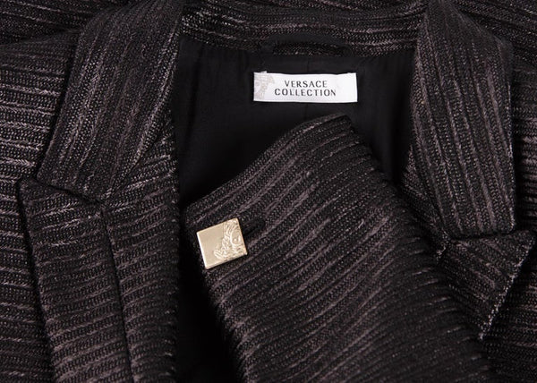 Versace Collection Black Textured Silver Medusa Button Blazer Jacket