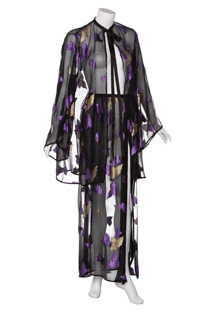 Yves Saint Laurent YSL Black Chiffon Metallic Falling Leaves Ensemble, 1978