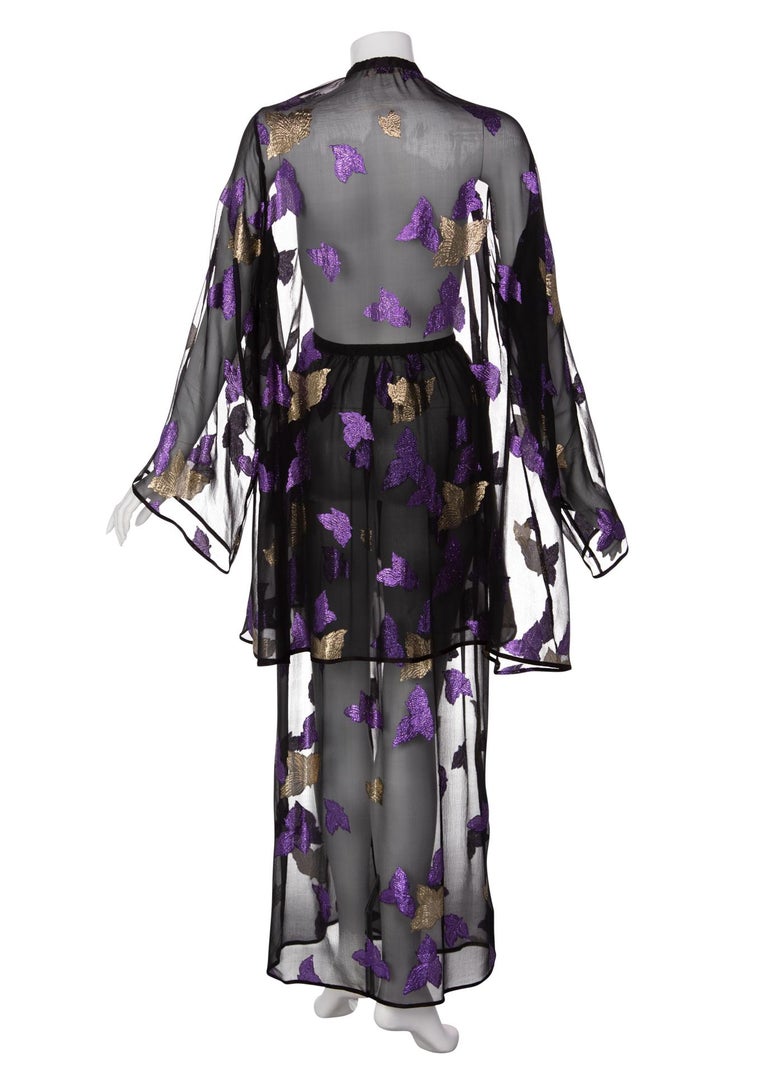 Yves Saint Laurent YSL Black Chiffon Metallic Falling Leaves Ensemble, 1978
