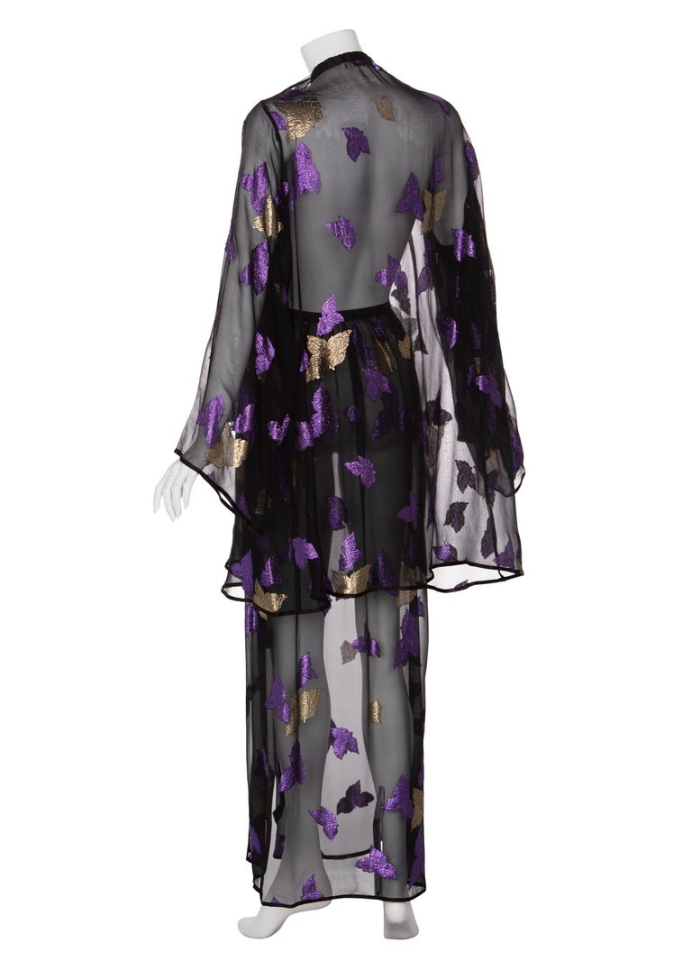 Yves Saint Laurent YSL Black Chiffon Metallic Falling Leaves Ensemble, 1978