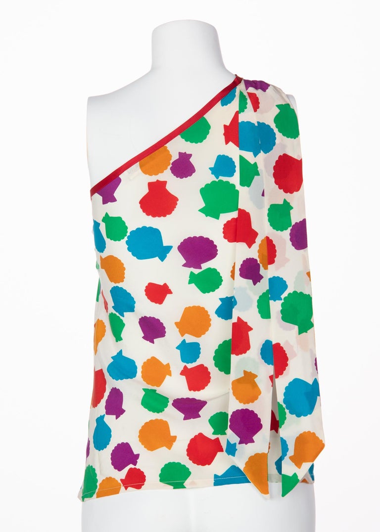 1970s Yves Saint Laurent Multicolor Sea-Shell Print Sleeveless Blouse YSL
