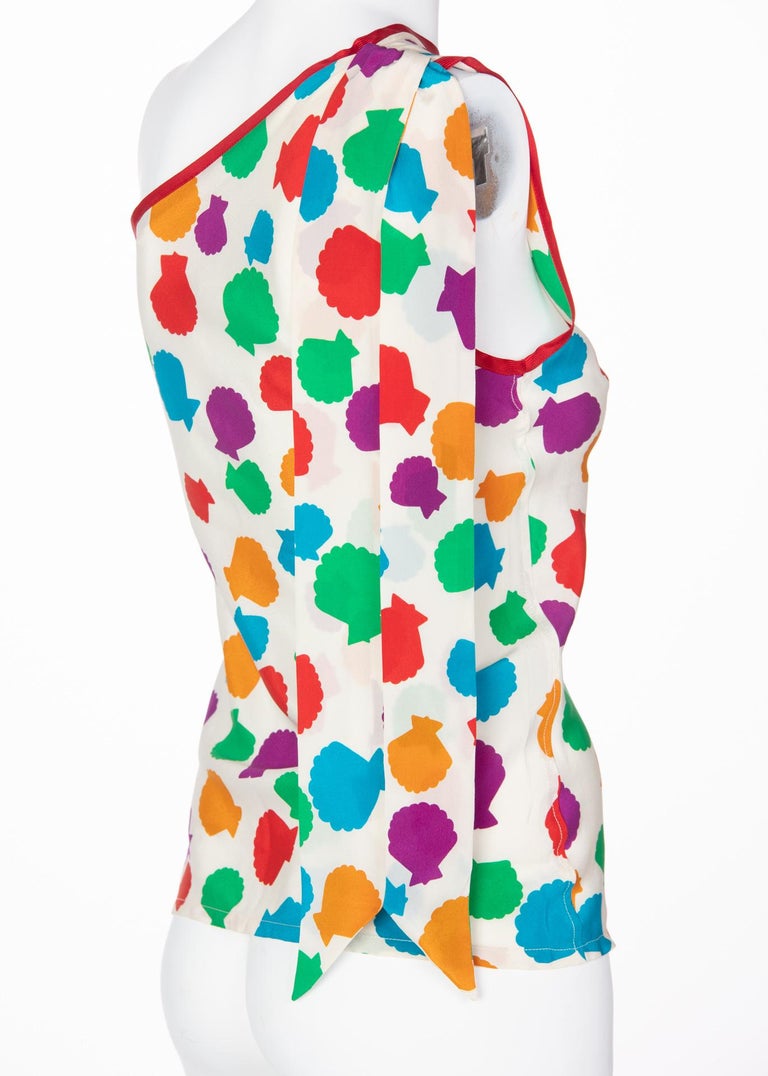 1970s Yves Saint Laurent Multicolor Sea-Shell Print Sleeveless Blouse YSL