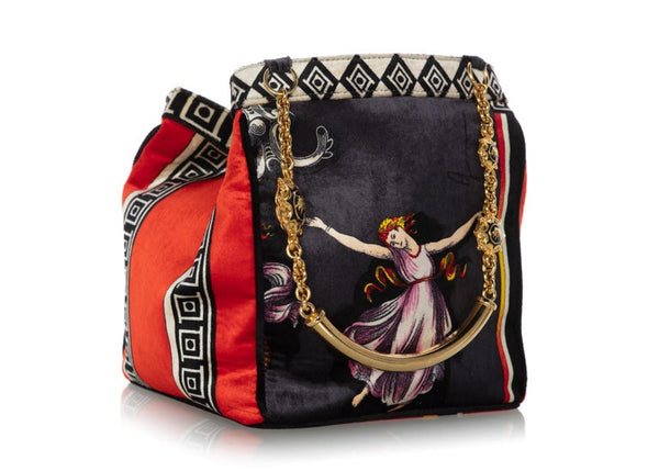 1990s Gianni Versace Couture Silk Velvet Canova Print Gold Chain Bag
